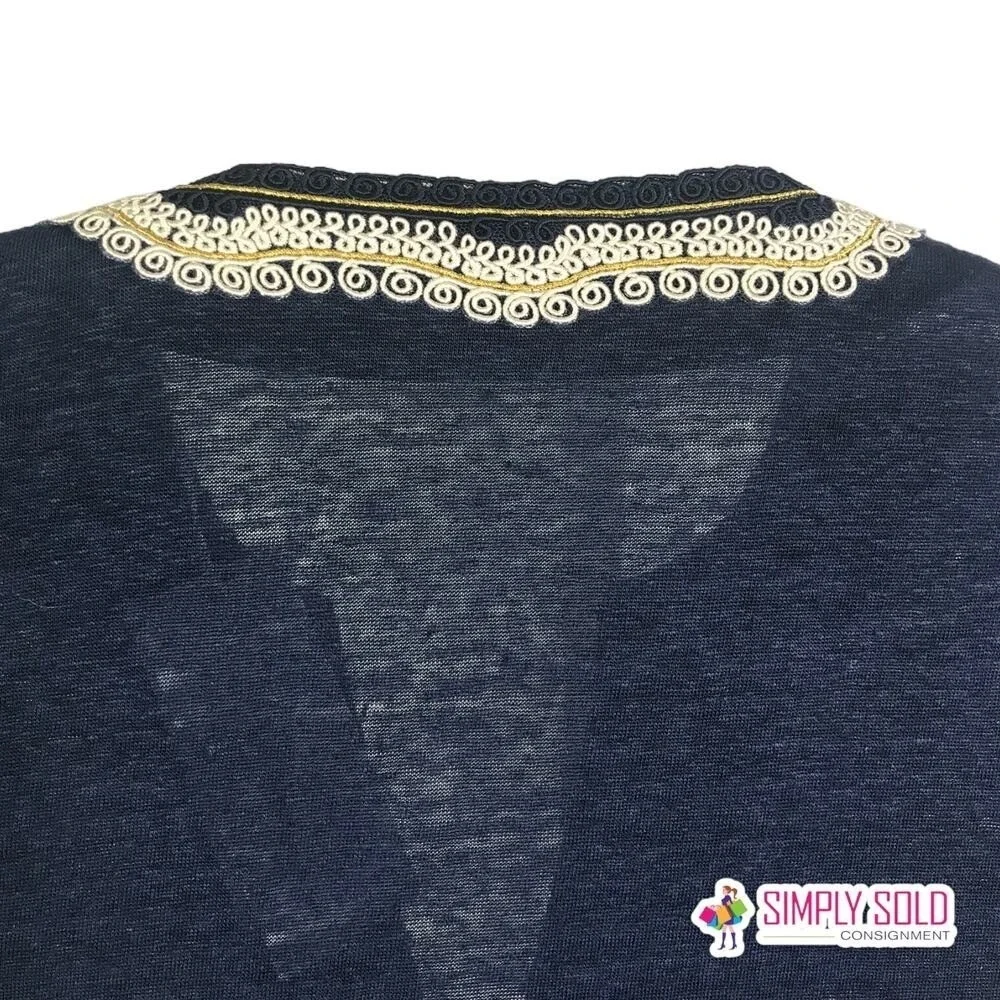 Tory Burch Liliana Tee Womens XS Navy‎ Embroidered Linen V Neck Slub Knit NWT